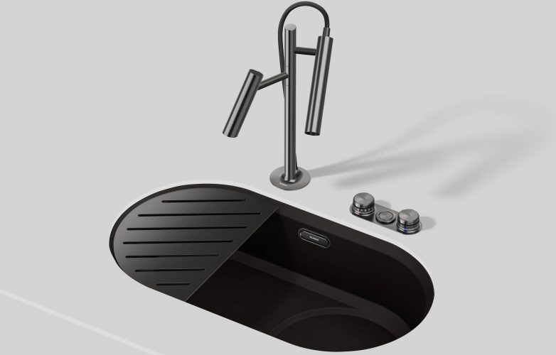 Crna ovalna podgradna sudopera BLANCO Oovalon sa integrisanim oceđivačem i slavinom LUNEOO-S