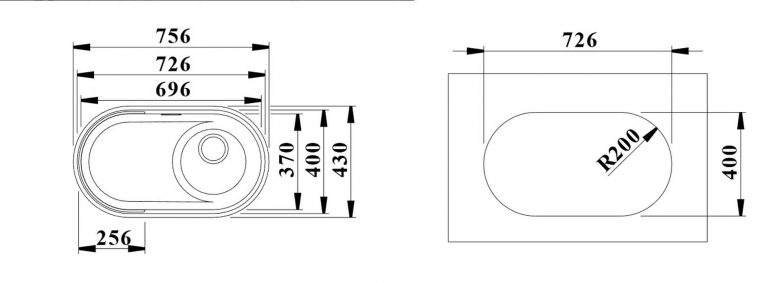 Tehnički crtež sa dimenzijama podgradne sudopere BLANCO Oovalon, ovalna forma 70 × 40 cm za ormarić širine 80 cm
