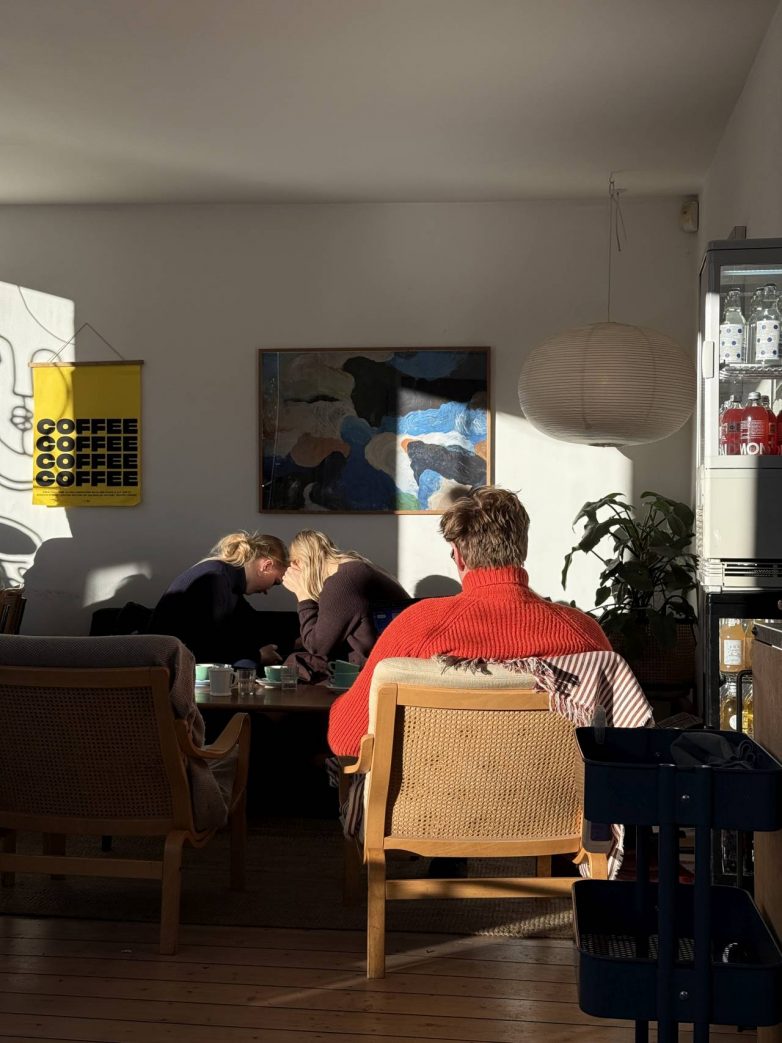 Skandinavski enterijer kafića sa drvenim nameštajem, pletenim stolicama, toplim prirodnim svetlom i umetničkim detaljima na zidu