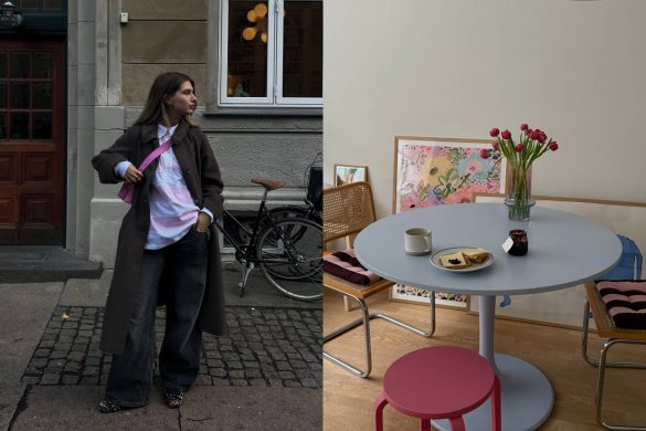 Ana Patković ispred zgrade u Kopenhagenu i detalj njenog doma sa trpezarijskim stolom, umetničkim radovima i cvetnim aranžmanom