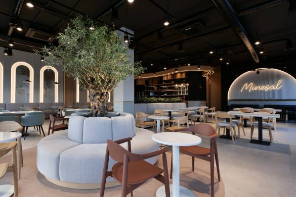 Enterijer Minesal Coffee&Bar u Pančevu sa centralno postavljenom maslinom i toplim drvenim elementima