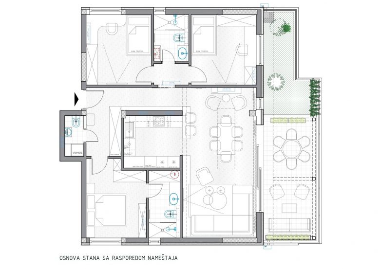 Osnova stana u Zrenjaninu sa rasporedom nameštaja u projektu Ritam romboida