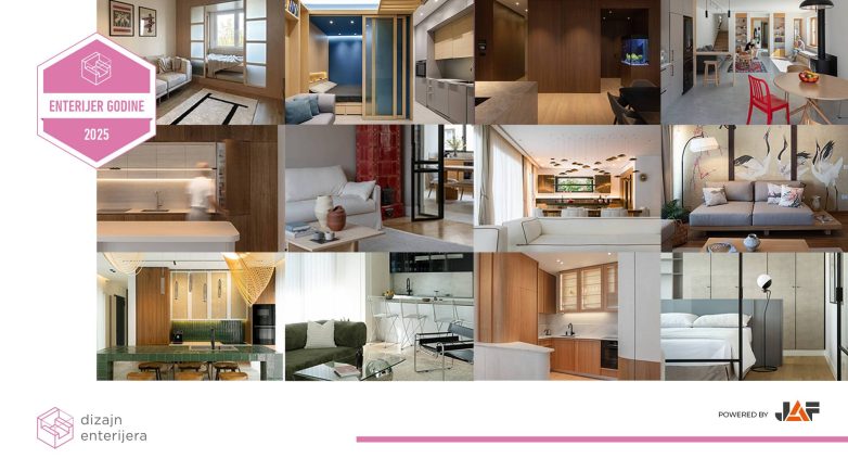 Kolaž od 12 nominovanih enterijera za nagradu Enterijer godine 2025 na portalu Dizajn enterijera, powered by JAF