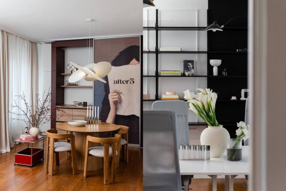 Enterijer kancelarija redakcije After5 u Zagrebu sa trpezarijskim stolom, muralom i policama