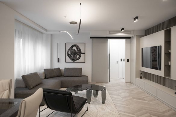 Enterijer dnevne sobe stana od 61 m2 u Deligradskoj ulici u Beogradu, projektovan kao miran i introvertan prostor