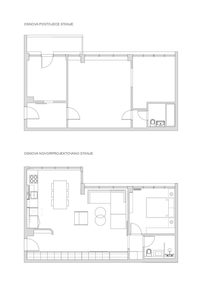 Osnova postojećeg i novoprojektovanog stana od 61 m2 u Deligradskoj ulici u Beogradu