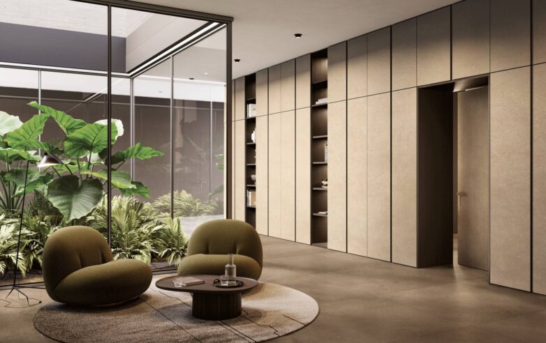 Enterijer sa zidovima obloženim ultratankim keramičkim pločicama debljine 3 mm u bež tonu