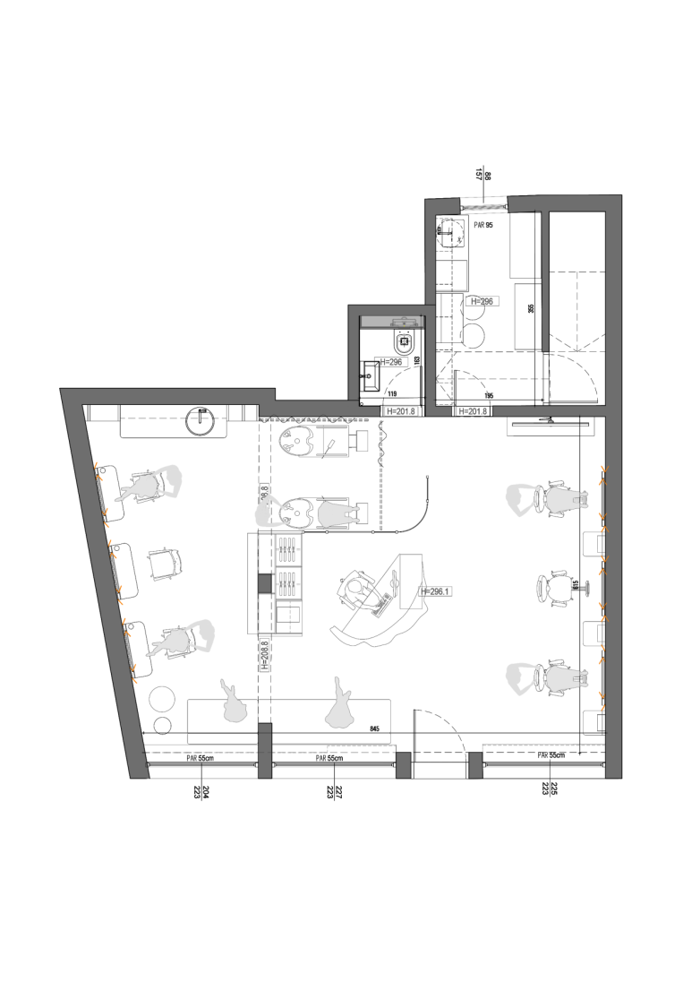 Osnova frizerskog salona sa rasporedom radnih mesta, recepcije i pratećih prostorija