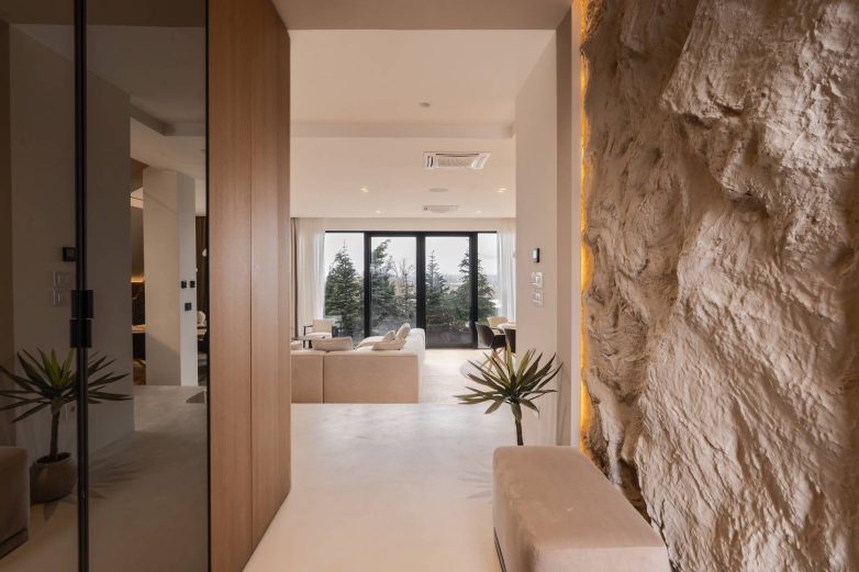 Ulazni hodnik sa naglašenim zidom od kamena i pogledom ka dnevnoj sobi sa velikim staklenim površinama