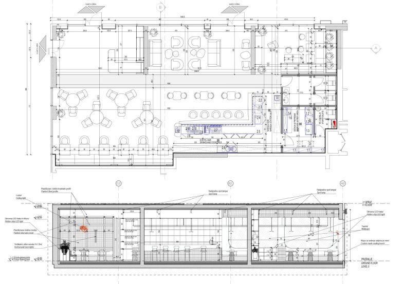 Arhitektonski crtež osnove i preseka lounge bara u Beogradu sa rasporedom šanka i zona sedenja