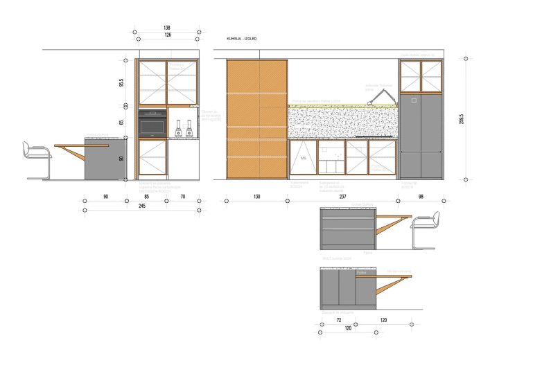Arhitektonski crtež kuhinje sa rasporedom elemenata, ostrvom i trpezarijskim stolom