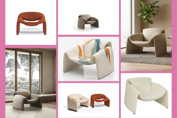 Kolaž različitih fotelja inspirisanih Groovy dizajnom Pjera Polina sa zaobljenim formama i niskim profilom