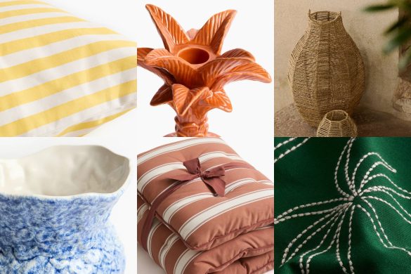 Kolaž proizvoda za dom uključujući jastučnice, svećnjak, fenjer i keramičku vazu u letnjem stilu