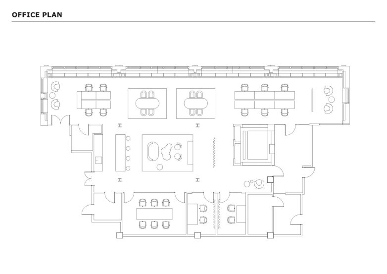 Arhitektonska osnova kancelarije sa rasporedom radnih stolova, sala za sastanke i "lounge" zone