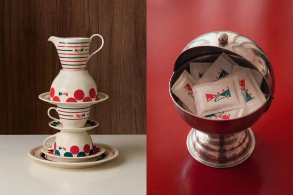 Set šoljica, bokala i tanjira sa Marni grafičkim motivima i posuda sa kesicama šećera u kafiću Pasticceria Cucchi u Milanu
