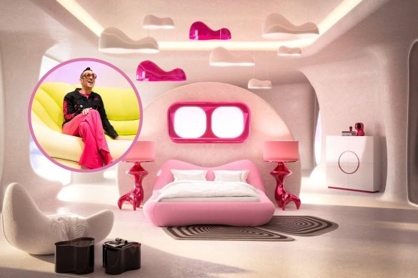 Enterijer u ružičastim tonovima sa zaobljenim krevetom, lampama i nameštajem iz Fluid Realities kolekcije KARE x Karim Rashid.