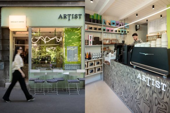 Enterijer i izlog kafeterije Artist specialty coffee u Zemunu sa šankom obloženim Alpi furnirom