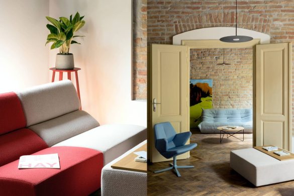 Dizajnerski nameštaj u FOUND.store "pop-up" prostoru u Beogradu, sa izloženom opekom, sofom, foteljama i umetničkim radom velikog formata