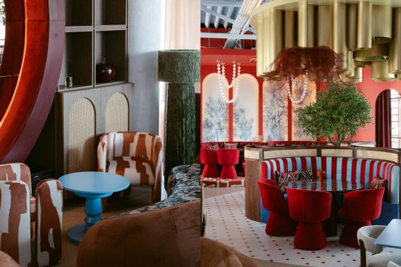 Enterijer restorana GOAT u Banjoj Luci sa crvenim tapaciranim stolicama, kružnim separeima, dekorativnom rasvetom i zlatnim plafonskim elementima, projekat studija JB architect
