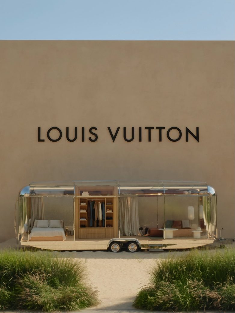 Transparentni autobus od pleksiglasa u okviru scenografije Louis Vuitton revije sa izloženim delom kolekcije