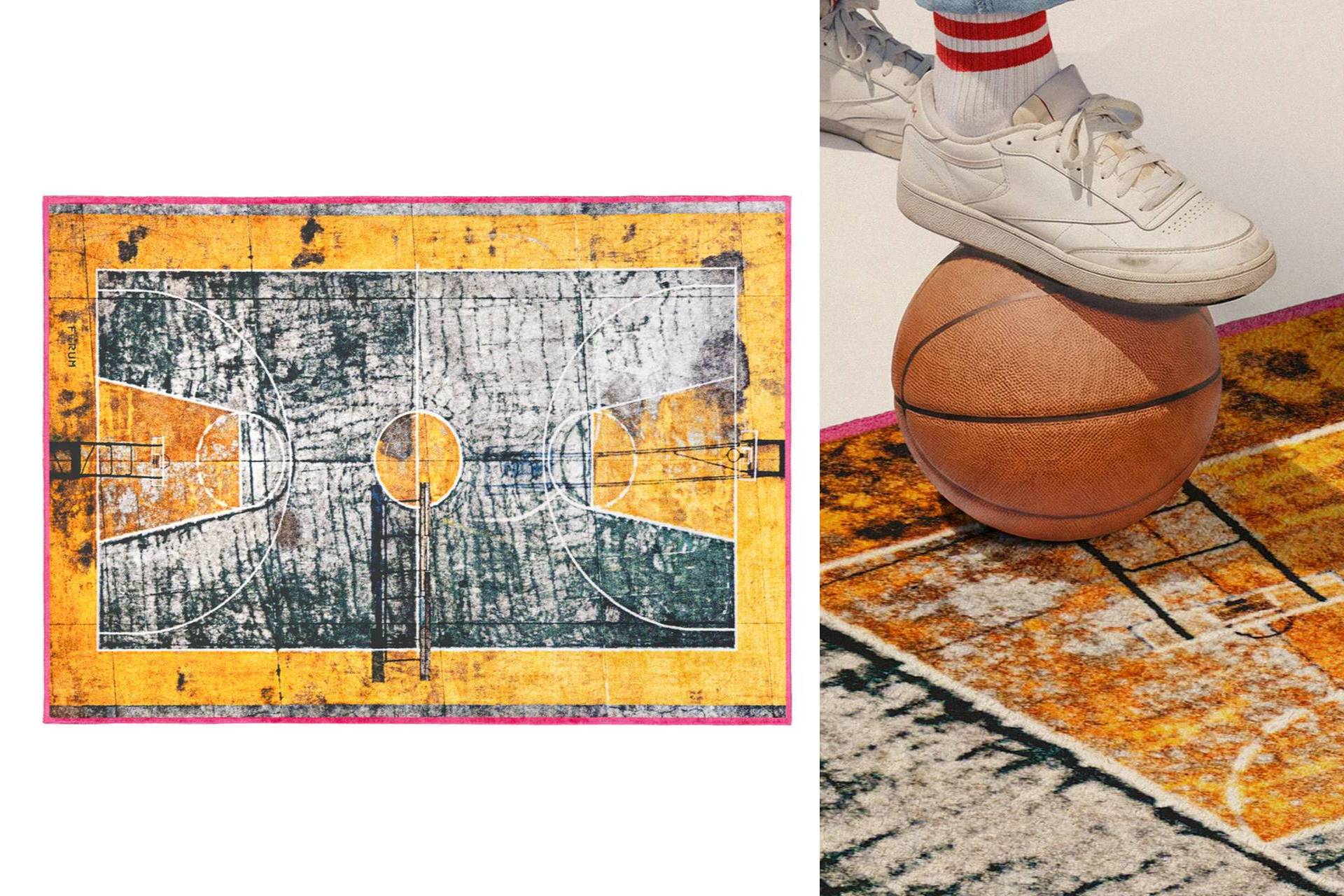 Seletti tepih Basket sa motivom košarkaškog terena snimljenog iz vazduha, prikazan uz detalj patike i lopte.