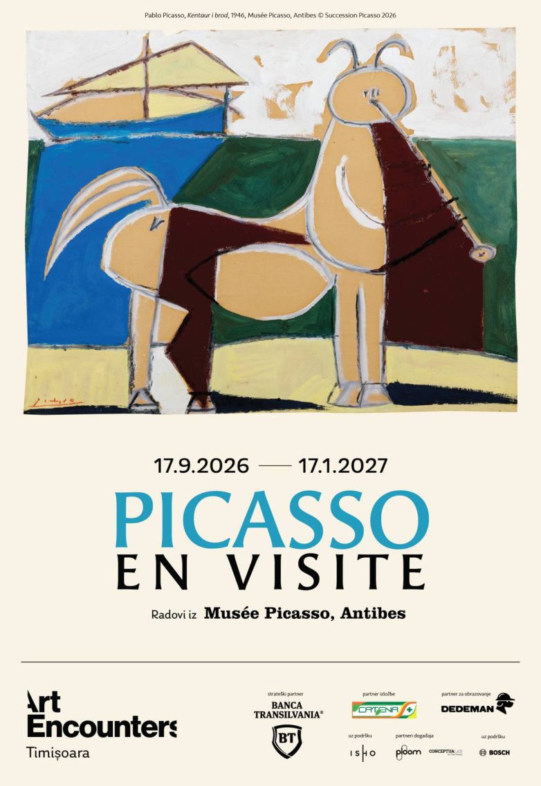 Plakat izložbe "Picasso en visite" u Temišvaru sa Pikasovim delom "Kentaur i brod"
